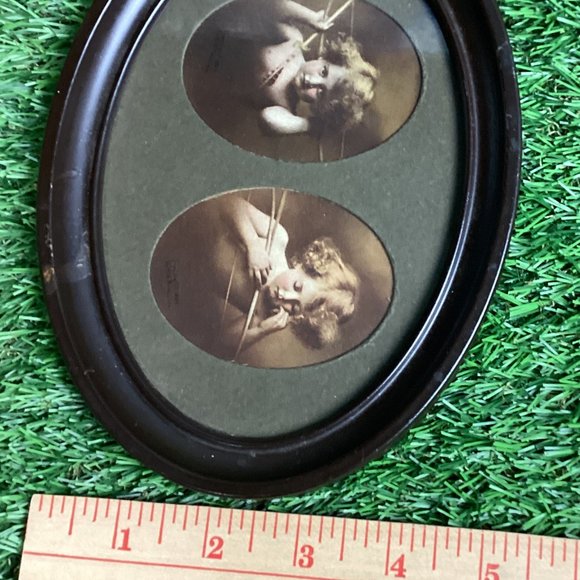 Antique Cupid Awake and Asleep Double Photo Oval Framed Picture - Picture 5 of 11